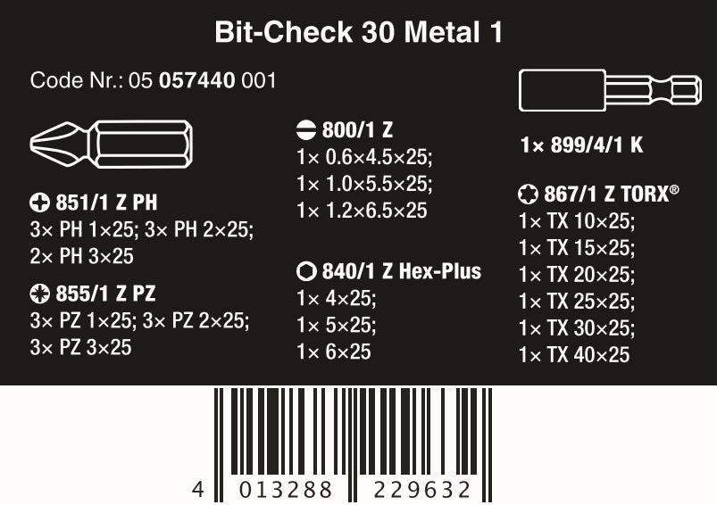 Wera Bit - Check 30 Metal 1 SB Screwdriver Bit Set 05057440001 - Mr. Tools