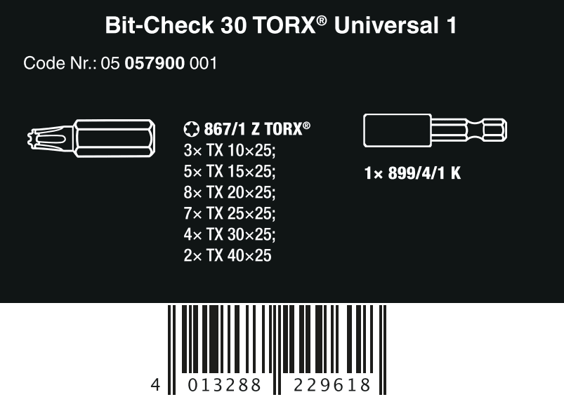 Wera Bit Check 30 TX Universal 1 SB Screwdriver Bit Set 05057900001 - Mr. Tools