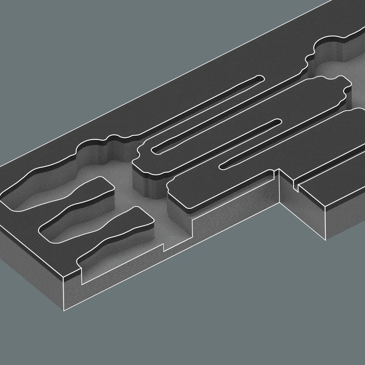 Precision cutouts inside an empty two-color Wera shadow foam insert for Series 900 chiseldrivers