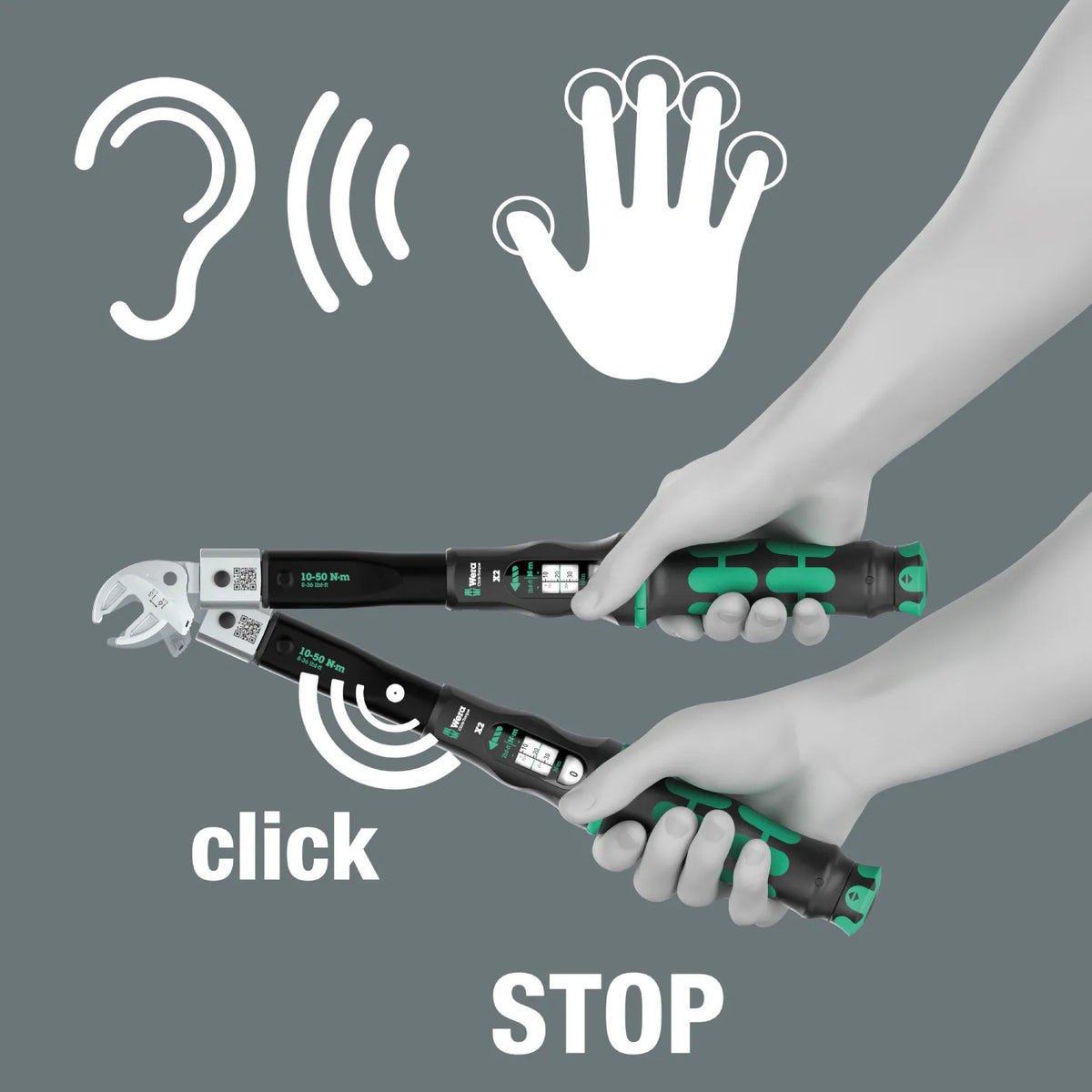 Graphic depicting the audible click and tactile release signal when Wera torque wrench reaches target value