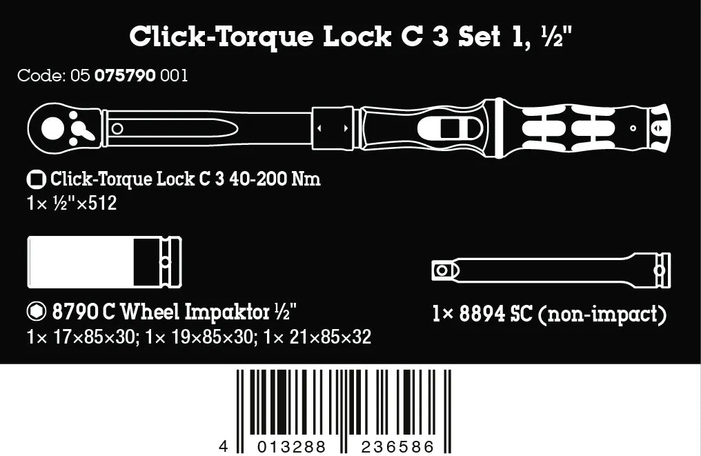 Official retail label for Wera Click-Torque Lock C 3 Set 1 showing sizes and barcode.