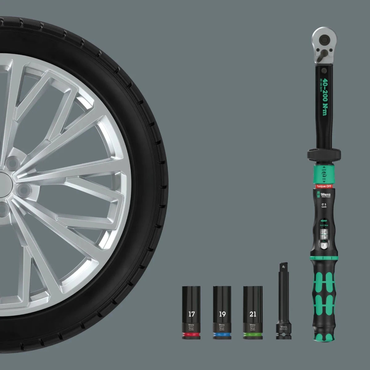 Wera Click-Torque Lock C 3 shown next to an alloy rim, ready for a wheel change.
