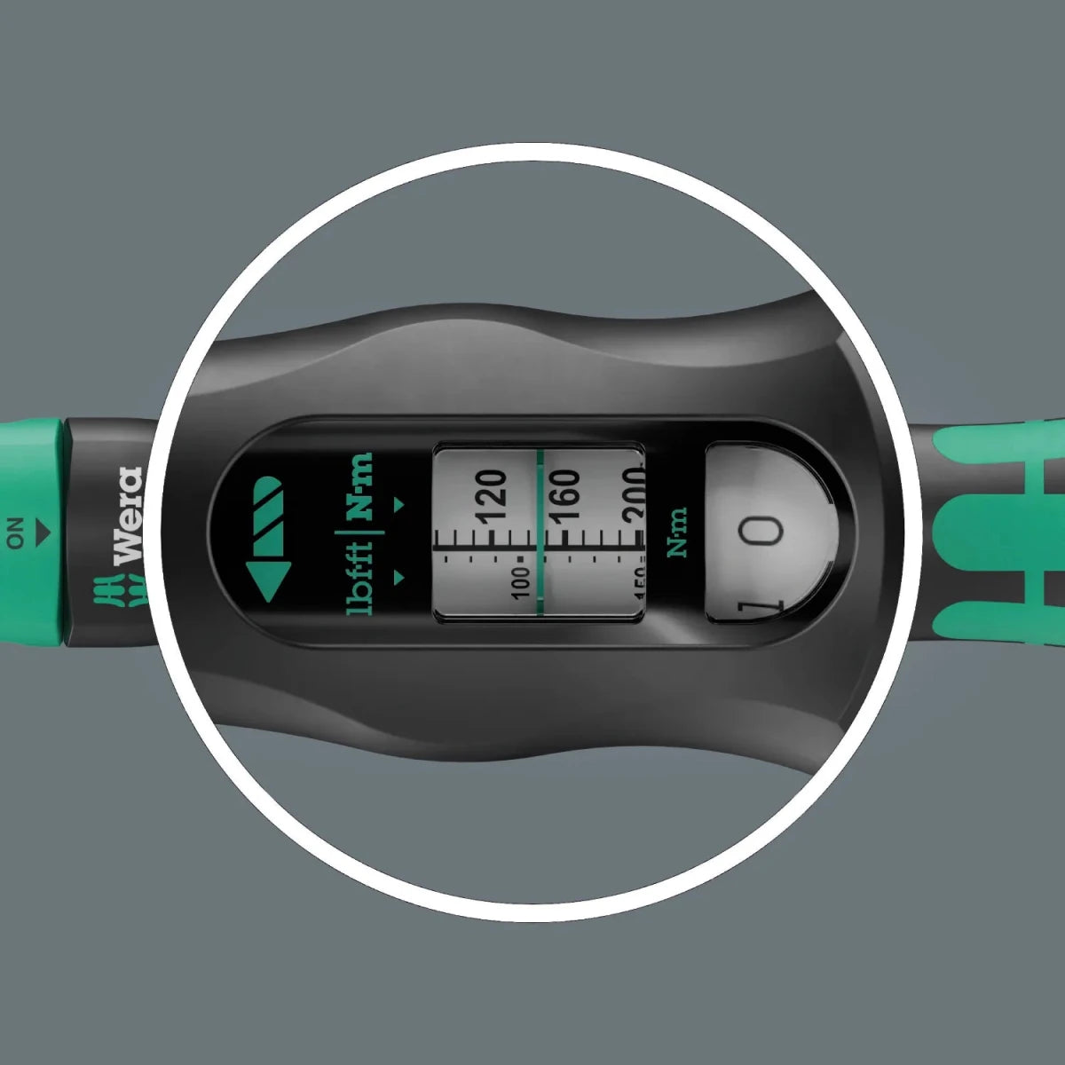 Close-up of the easy-to-read Newton Meter and Pound-Foot scale on the Wera C 3 wrench.