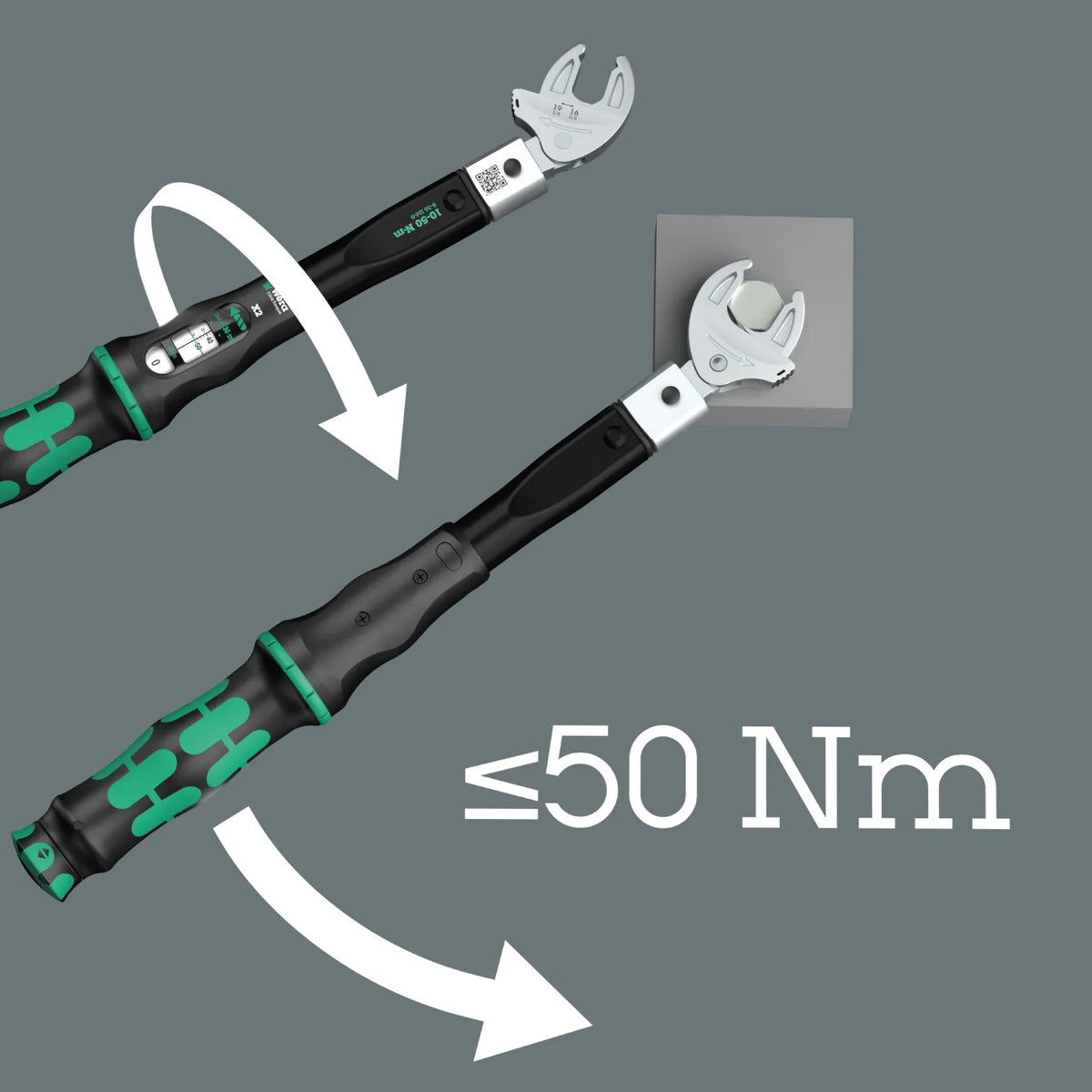 Graphic showing a Wera torque wrench loosening a tight bolt at torque levels up to 50 Nm