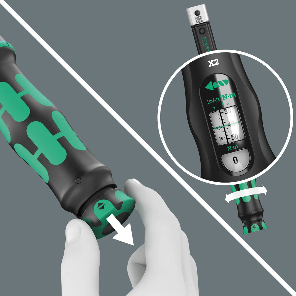 Close-up of pull-to-unlock handle and scale window on a Wera Click-Torque X 2 torque wrench