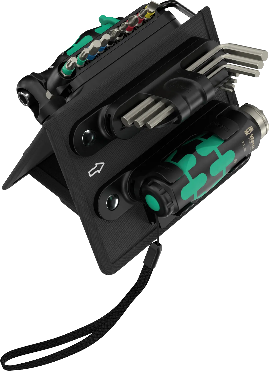 Reverse angle view of the Wera 2026 modular tool case showing the Wera Flashdriver tactical torch clipped tightly into place next to the metric L-key cluster.