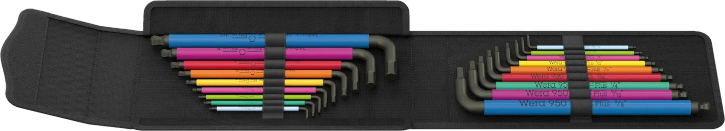 Wera 19-piece Big Pack Multicolour Hex-Plus L-key set laid flat inside black textile folding storage case showing all 18 color-coded keys.