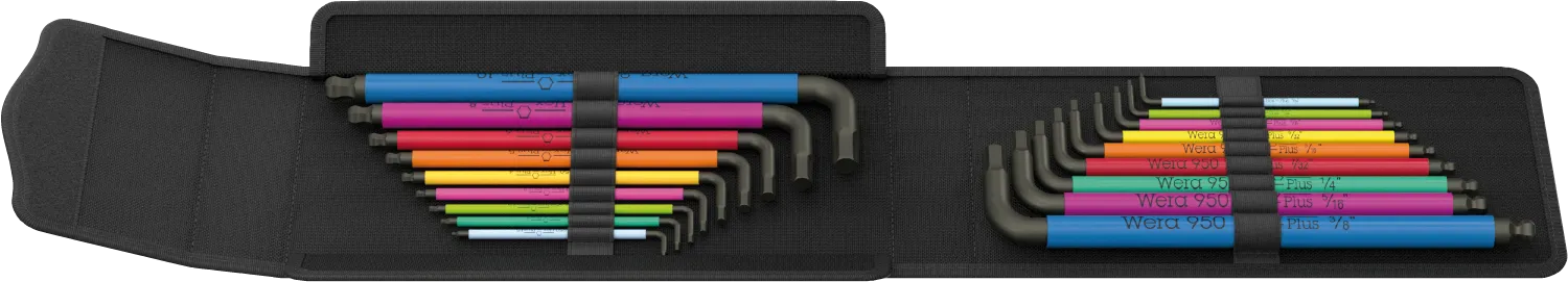 Wera 19-piece Big Pack Multicolour Hex-Plus L-key set laid flat inside black textile folding storage case showing all 18 color-coded keys.