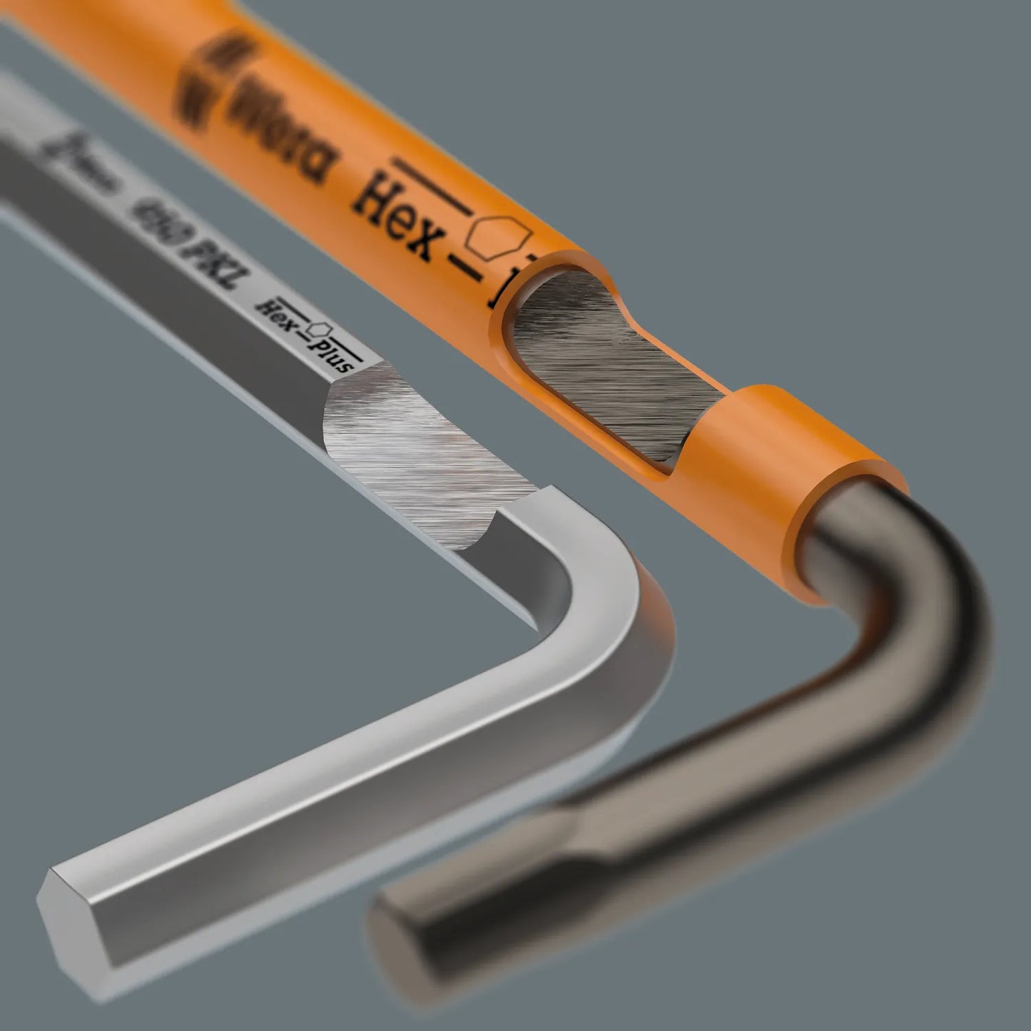 Cross-section diagram comparing standard hex key profile with Wera Hex-Plus profile and color-coded plastic sleeve construction.