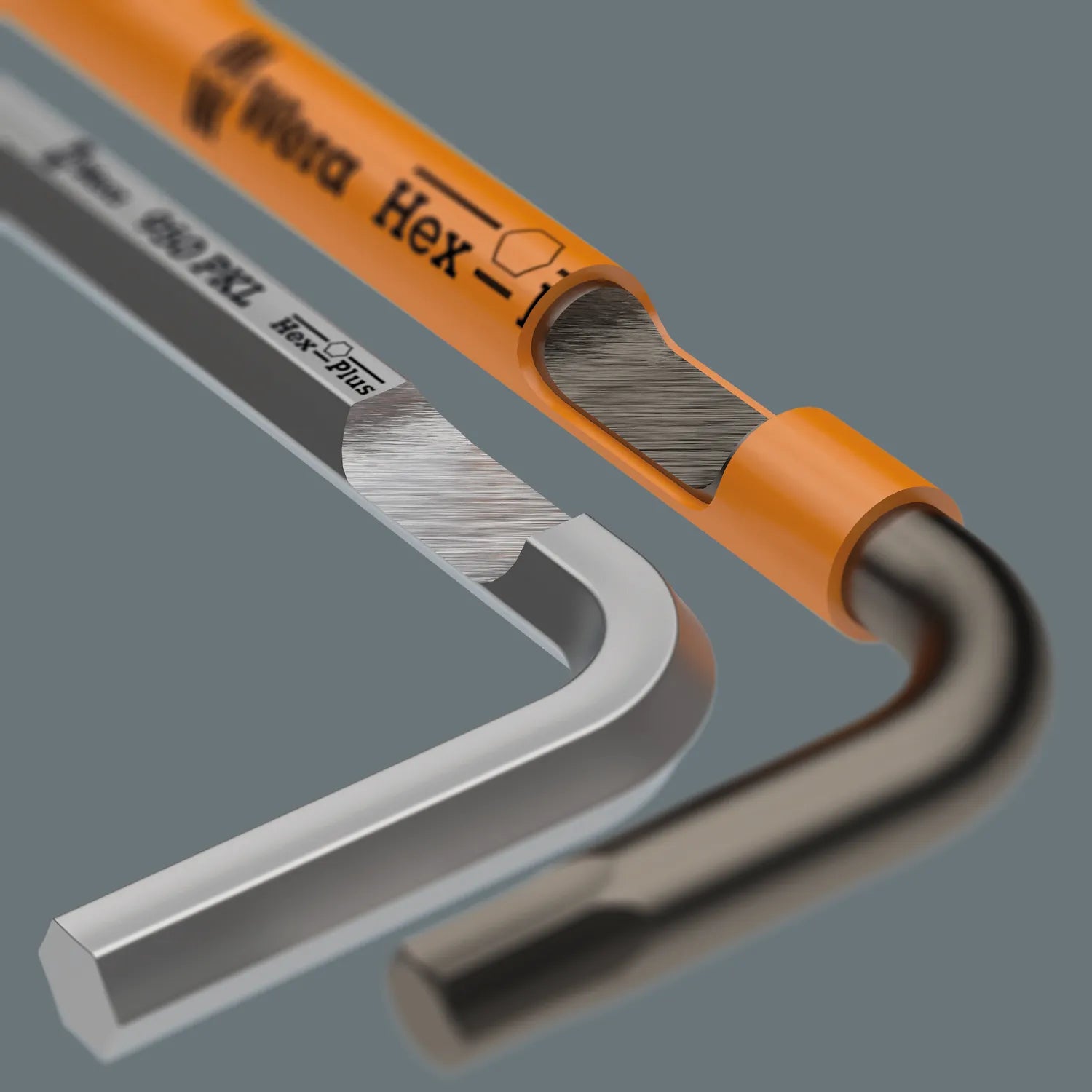 Cross-section diagram comparing standard hex key profile with Wera Hex-Plus profile and color-coded plastic sleeve construction.