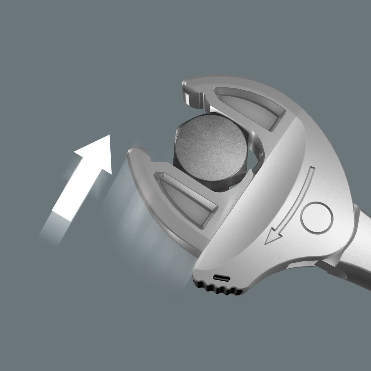 Action graphic showing the Wera Joker 4XL insert spanner automatically adjusting its jaws to grip a large hexagonal nut