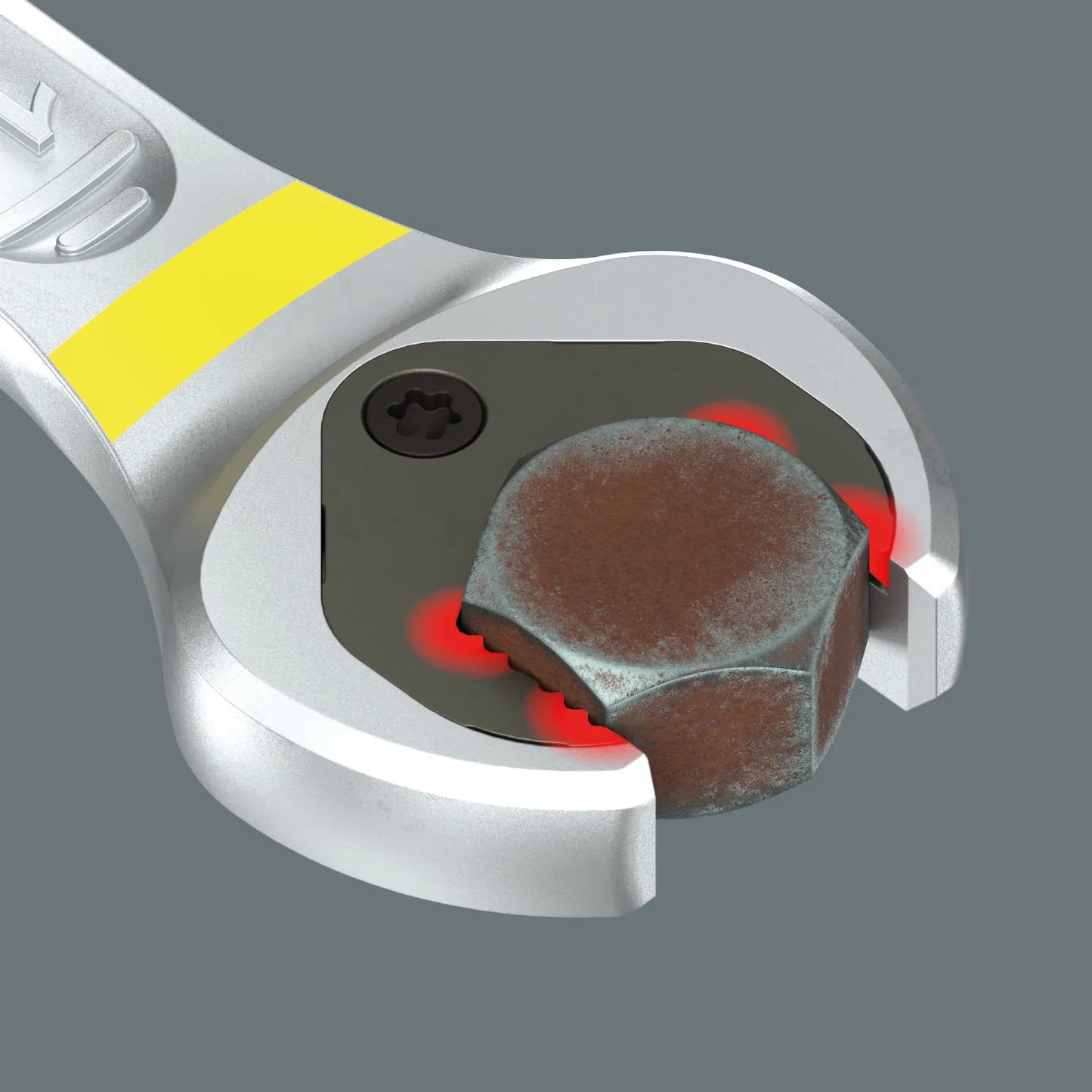 Close-up showing the double-hex geometry jaw of a Wera Joker 6002 open-end spanner gripping a hexagonal bolt head with red contact highlight points.