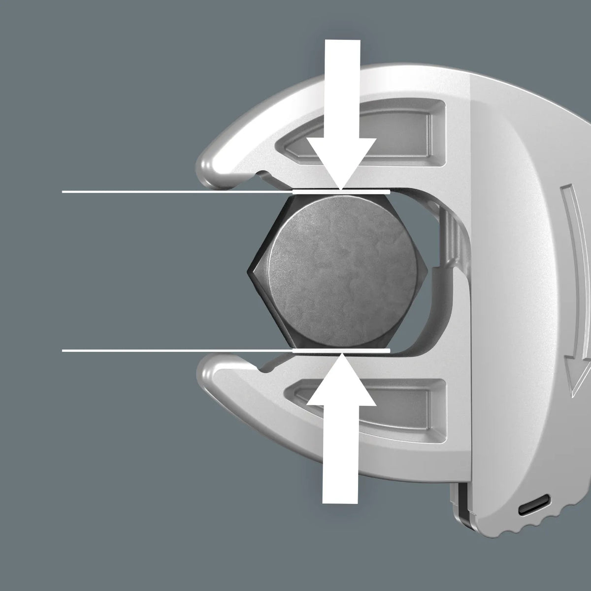 Diagram showing how the smooth parallel jaws of the Wera Joker insert spanner apply pressure evenly to prevent rounding hex nuts