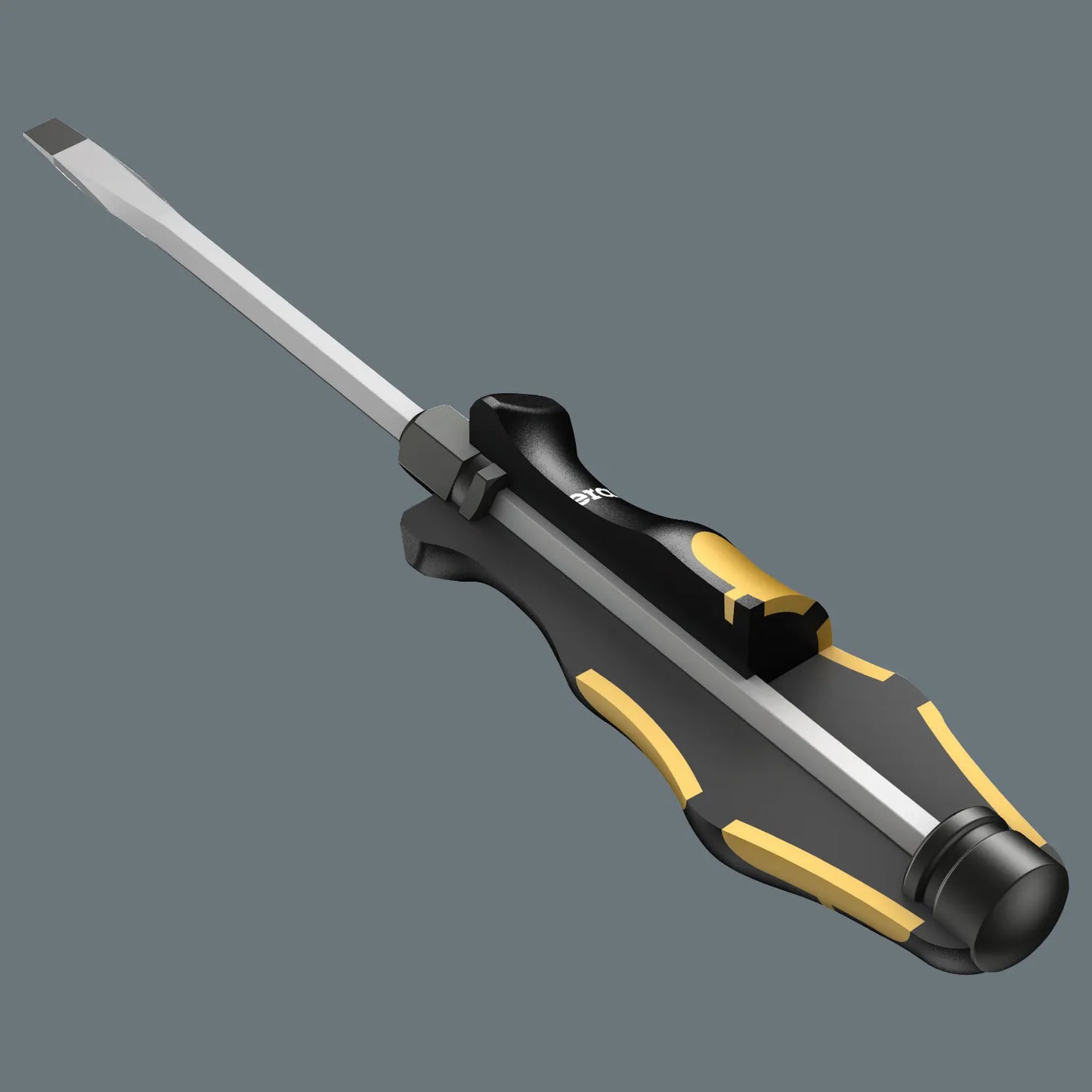 Rendered cutaway showing the internal construction of a Wera Kraftform Chiseldriver handle, steel impact cap, and pound-thru hex shaft.