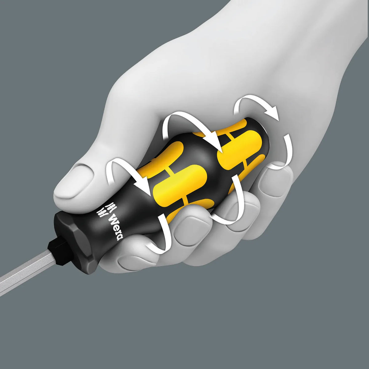 Hand gripping a Wera 900 series Kraftform screwdriver handle illustrating soft contact zones and rapid hand repositioning directional arrows.