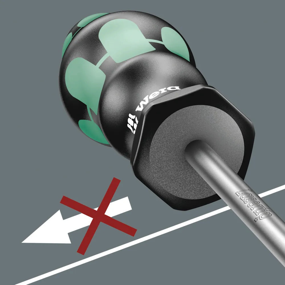 Diagram demonstrating the non-roll hexagonal handle base on Wera Kraftform screwdrivers preventing rolling on surfaces