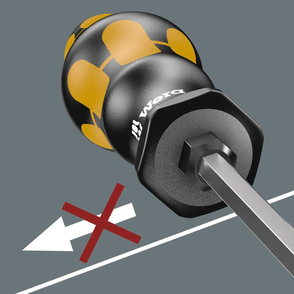 Perspective view of a Wera Kraftform screwdriver handle base showing the non-roll hexagonal collar design that keeps tools from rolling off surfaces.