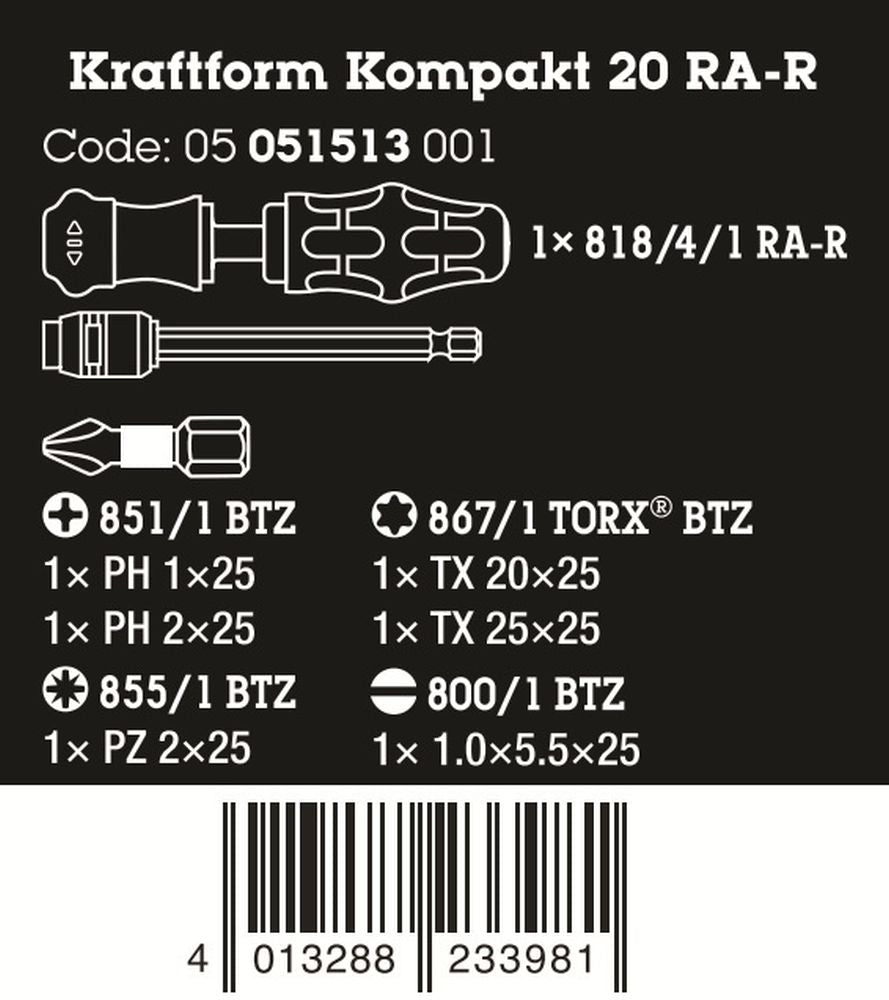 Wera Kraftform Kompakt 20 RA - R Ratcheting Screwdriver Set 6 Pieces 05051513001 - Mr. Tools