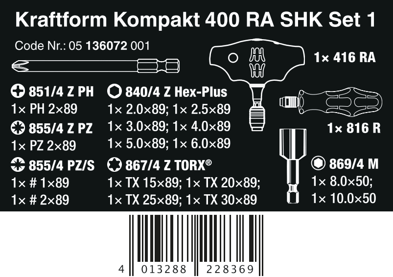 Wera Kraftform Kompakt 400 RA SHK Set 1 HVAC Ratcheting T - Handle Set Metric 05136072001 - Mr. Tools