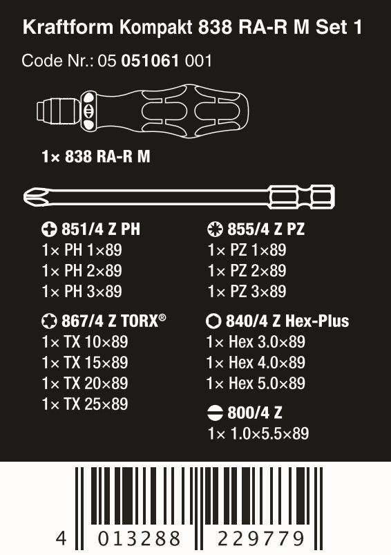 Wera Kraftform Kompakt 838 RA - R M Ratcheting Screwdriver Set 1 Metric 05051061001 - Mr. Tools