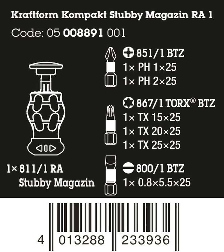 Wera Kraftform Kompakt Stubby Magazine RA 1 Screwdriver Set 6 Pieces 05008891001 - Mr. Tools