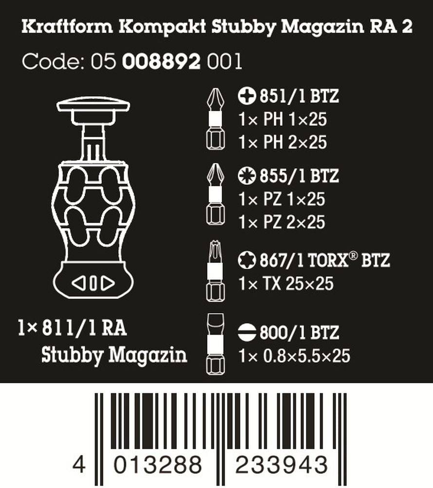 Wera Kraftform Kompakt Stubby Magazine RA 2 Screwdriver Set 6 Pieces 05008892001 - Mr. Tools