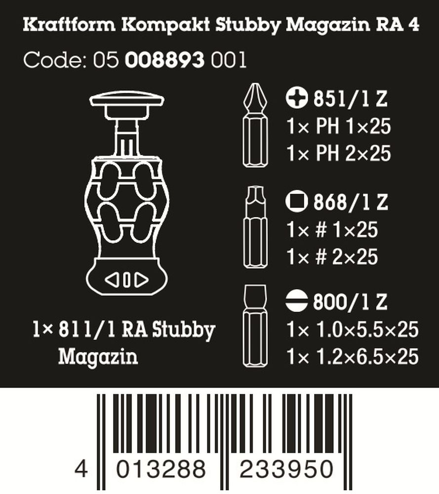 Wera Kraftform Kompakt Stubby Magazine RA 4 Screwdriver Set 6 Pieces 05008893001 - Mr. Tools