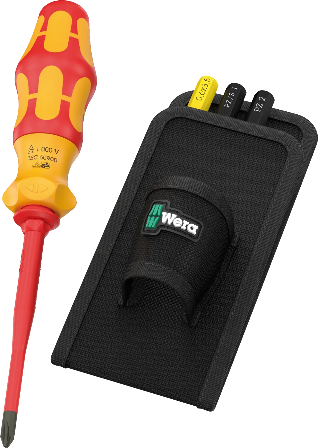 Wera Kraftform Kompakt VDE 837 i RA ratcheting insulated screwdriver handle with interchangeable VDE blades and belt holster pouch.