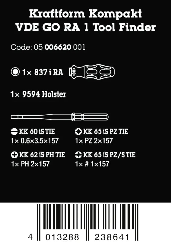 Packaging specification label for Wera Kraftform Kompakt VDE GO RA 1 set showing part number 05006620001 and included contents.