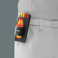 Wera 9594 textile holster mounted on work pants belt storing VDE ratcheting handle and Take It Easy color-coded blades.