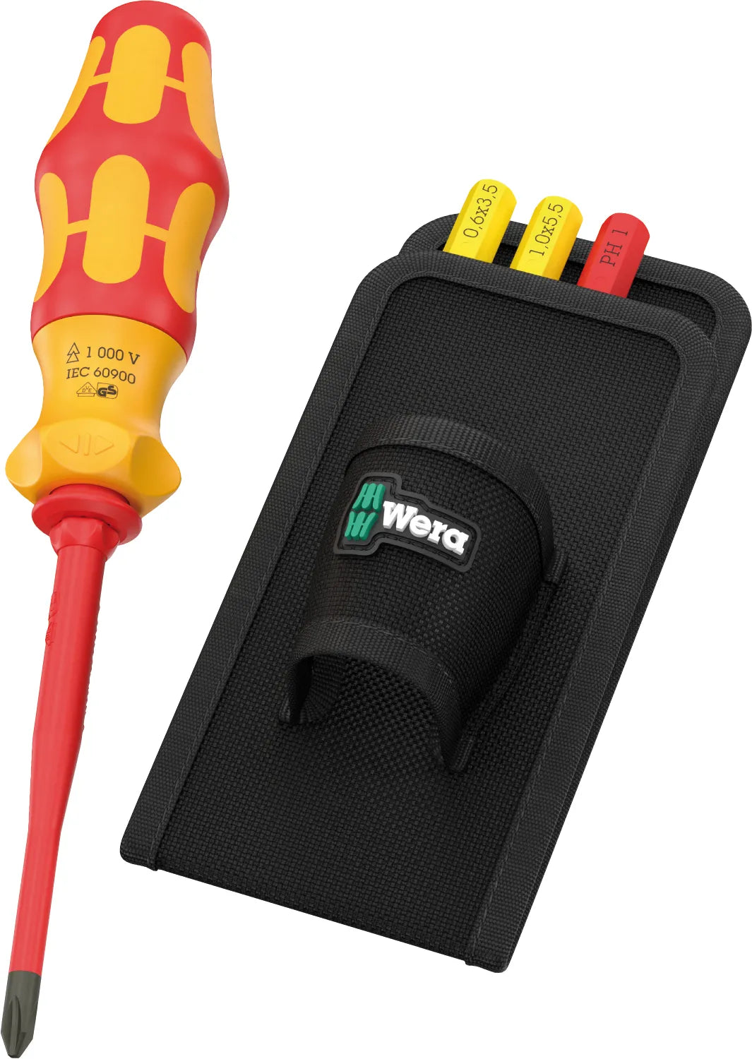 Wera Kraftform Kompakt VDE GO RA 2 insulated ratcheting handle and interchangeable blades in textile belt holster.