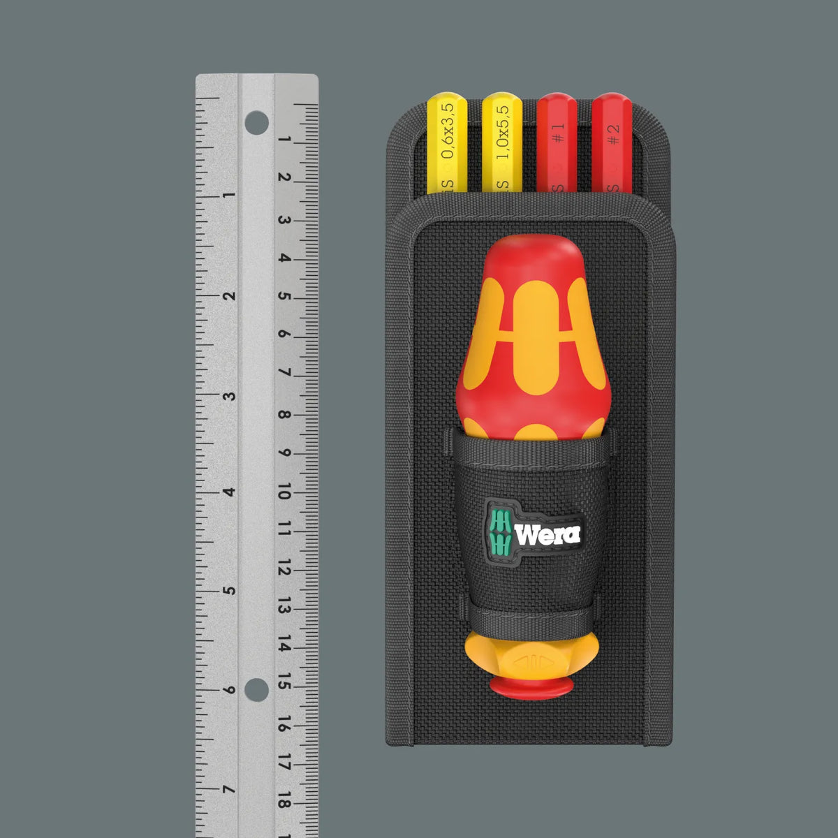 Wera Kraftform Kompakt VDE GO RA 3 set in holster next to a ruler showing compact size dimensions under 7 inches.