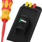 Wera Kraftform Kompakt VDE GO RA 3 insulated ratcheting screwdriver handle with attached blade alongside belt holster pouch.