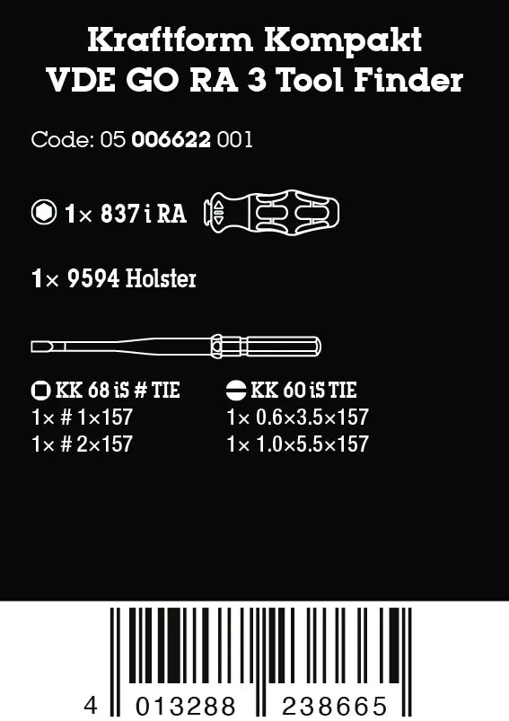 Packaging specification label for Wera Kraftform Kompakt VDE GO RA 3 set showing part number 05006622001 and included contents.
