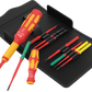 Wera Kraftform Kompakt VDE Safe-Torque Speed switch cabinet set basic 1 with torque handle, fixed VDE handle, and interchangeable slim blades displayed on a textile pouch.
