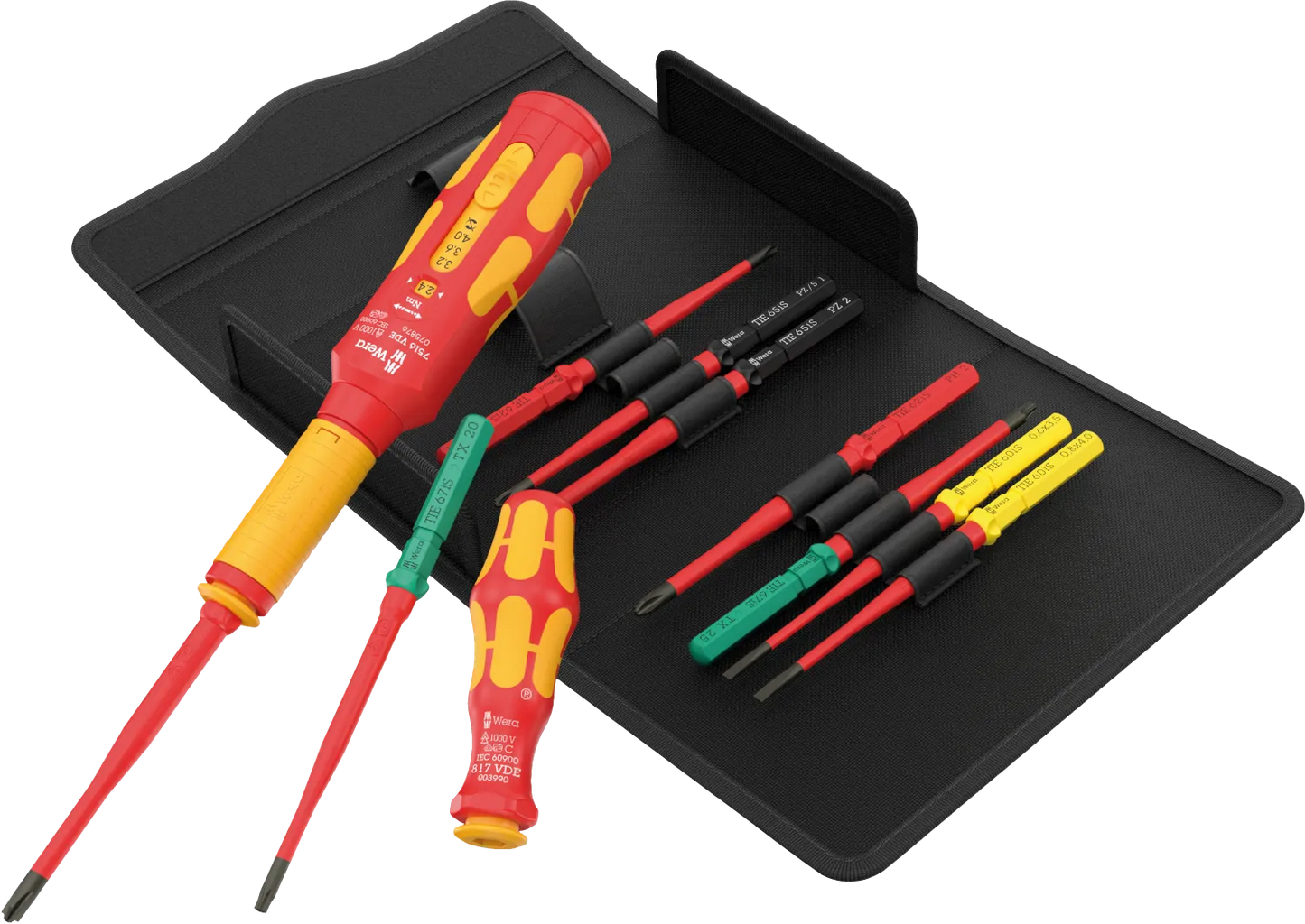 Wera Kraftform Kompakt VDE Safe-Torque Speed switch cabinet set basic 1 with torque handle, fixed VDE handle, and interchangeable slim blades displayed on a textile pouch.