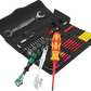 Elevated view of the 45-piece Wera Kraftform Kompakt W 11 Maintenance Kit pouch featuring the Zyklop ratchet, VDE blade-holding handle, Joker 6004 S spanner, sockets, and L-keys