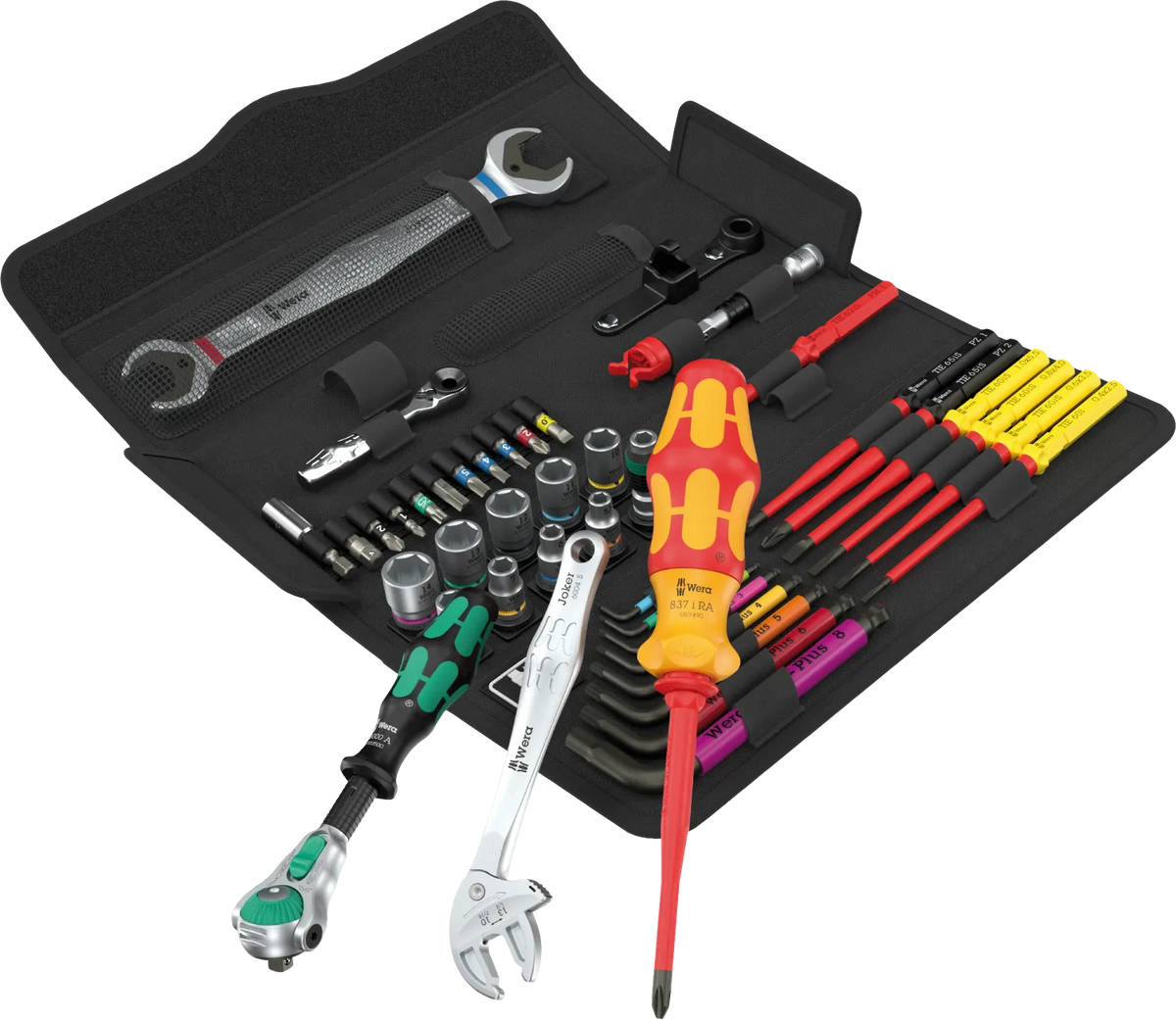 Elevated view of the 45-piece Wera Kraftform Kompakt W 11 Maintenance Kit pouch featuring the Zyklop ratchet, VDE blade-holding handle, Joker 6004 S spanner, sockets, and L-keys