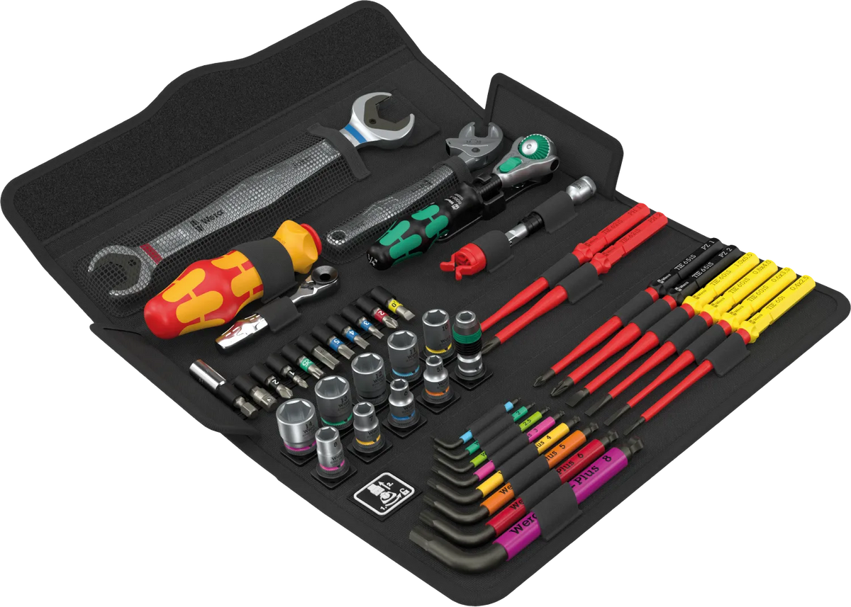 Top-down view of the Wera Kraftform Kompakt W 11 45-piece maintenance tool kit laid out inside its open textile storage pouch