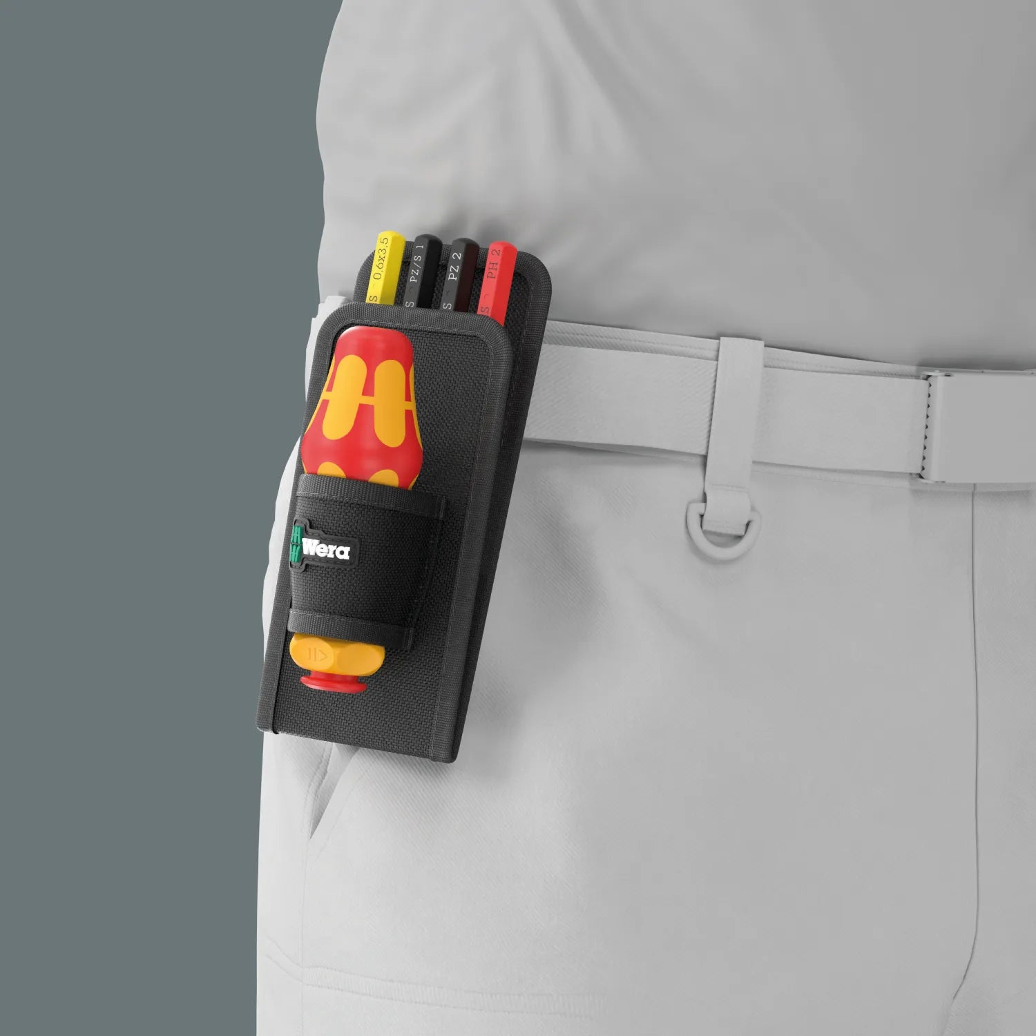 Wera VDE ratcheting insulated screwdriver set securely stored in a compact belt holster mounted on work pants.