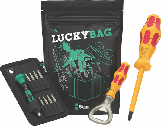Wera Lucky Bag Limited Edition set including a micro bit precision set, insulated 1062 Phillips screwdriver, and insulated bottle opener.