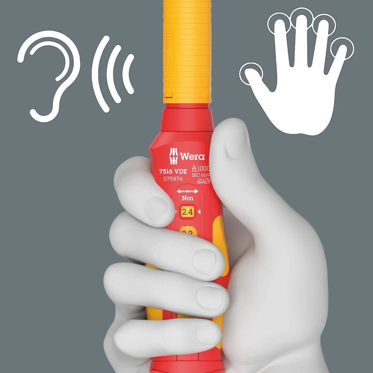 Graphic illustrating the distinct audible and tactile click signal given when the Wera VDE torque handle reaches the preset torque value.