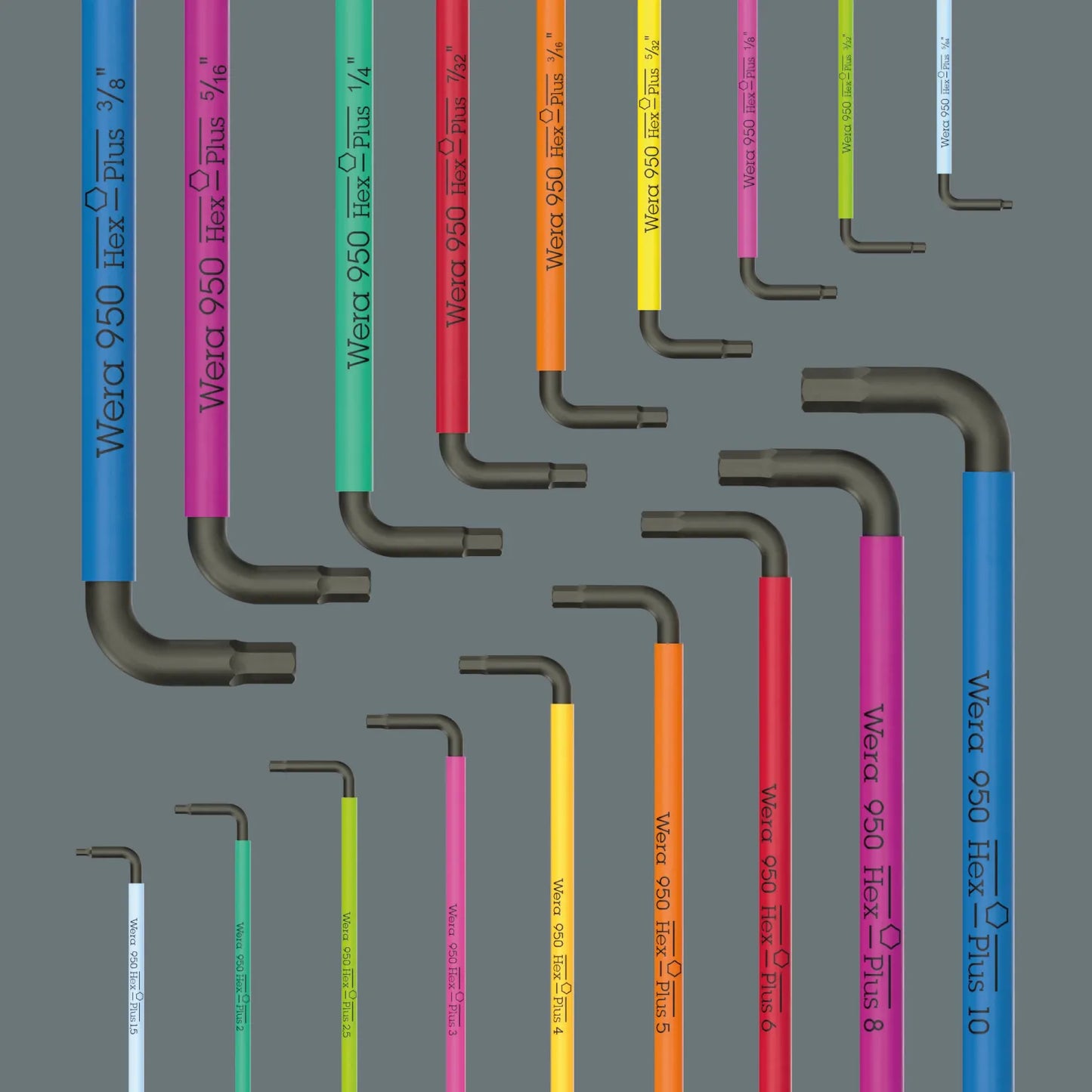 Full size layout of Wera color-coded Take It Easy metric and imperial SAE Hex-Plus L-keys showing size markings and sleeve colors.
