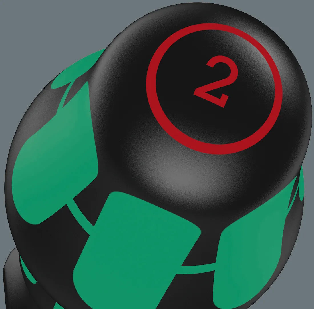 Color-coded handle cap stamp for a Wera 350 PH 2 Phillips screwdriver showing Take It Easy size markings