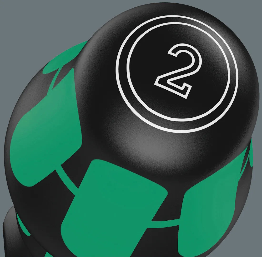 Color-coded handle cap stamp for a Wera 355 PZ 2 Pozidriv screwdriver showing Take It Easy tool finder size markings