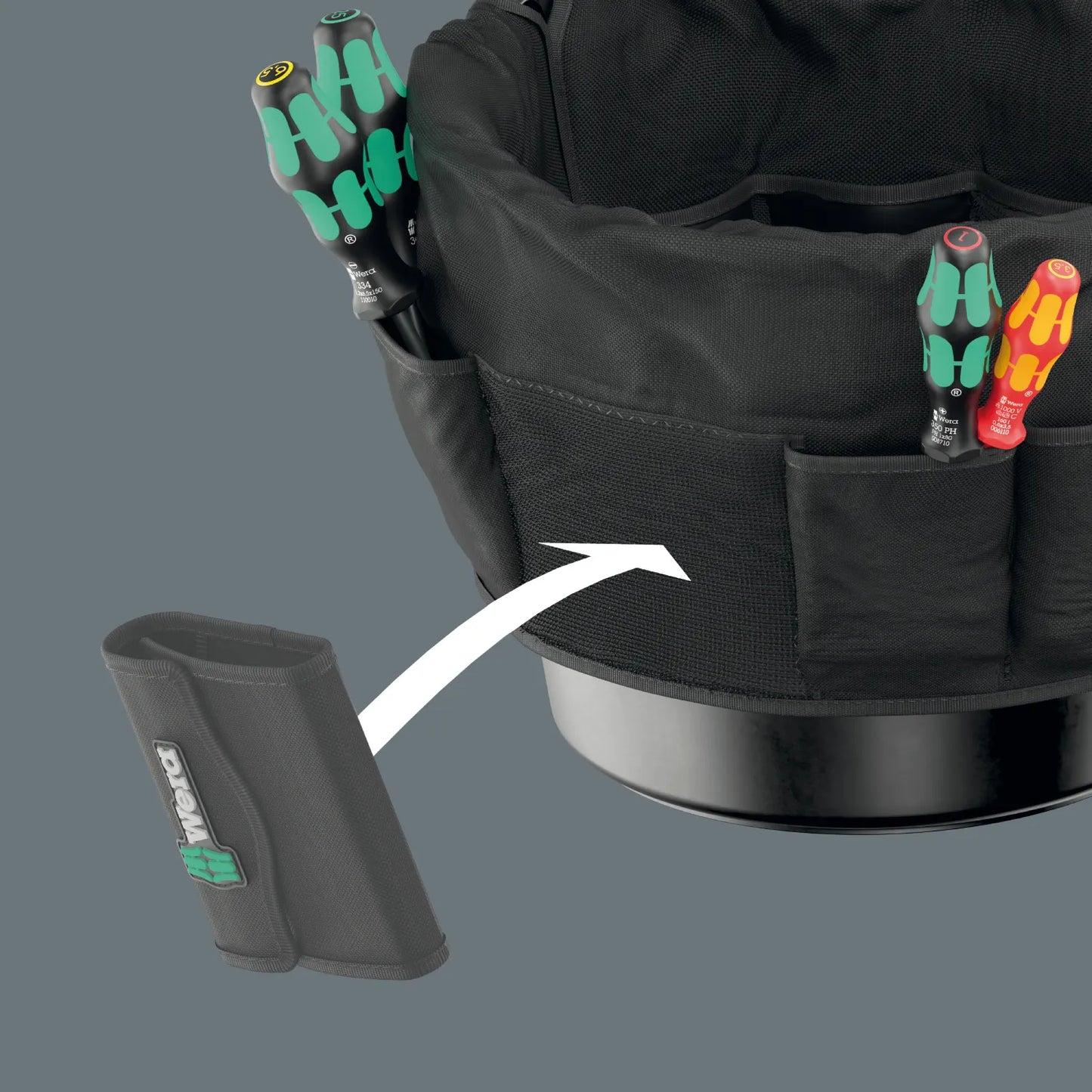 Close-up of the hook-and-loop velcro attachment zone on the exterior of the Wera bucket organizer for securing tool pouches.