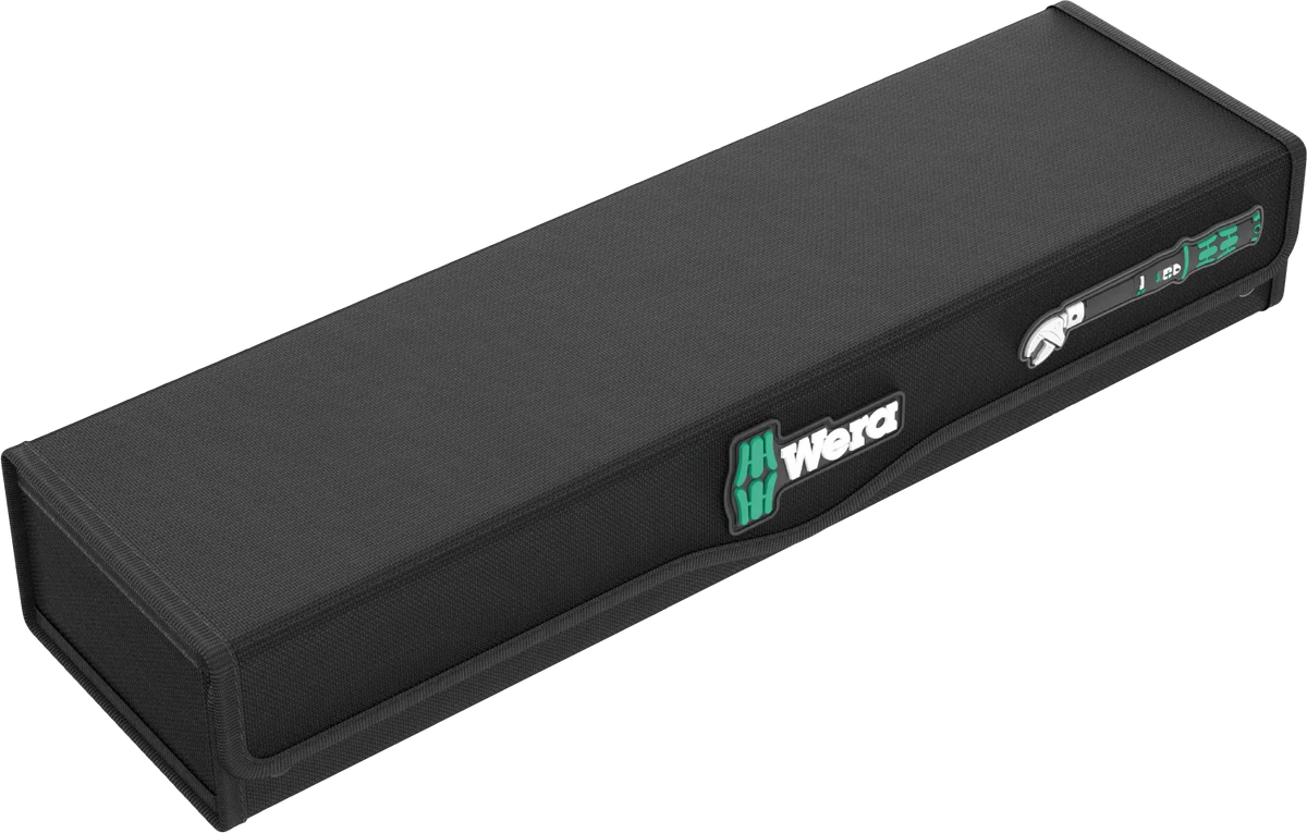Closed black Wera textile storage case featuring rubberized Wera branding and tool icon