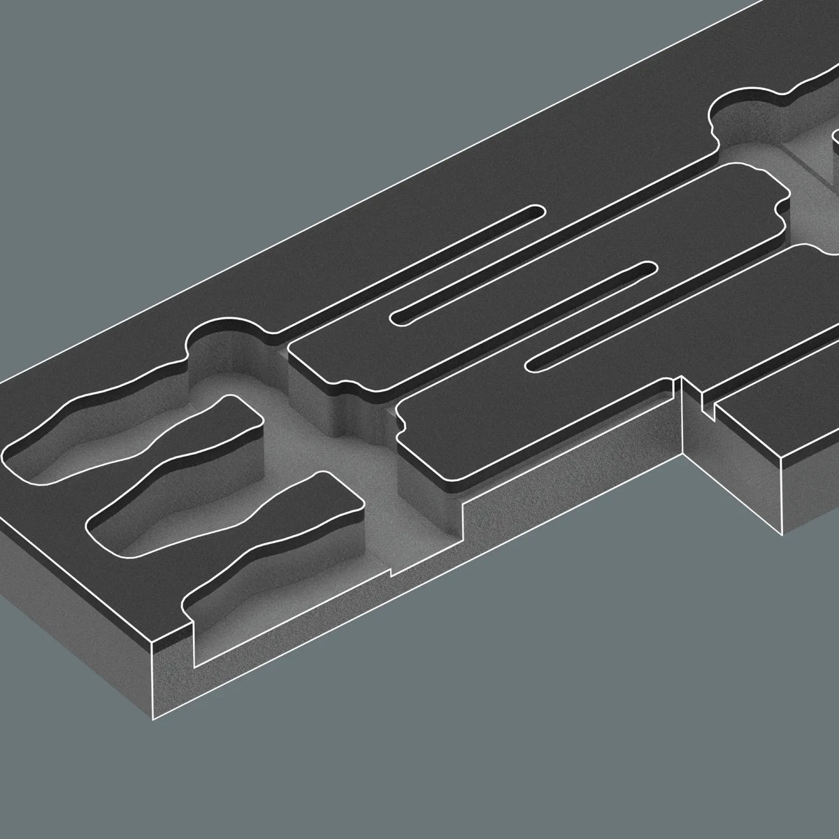 Precision tool cutouts inside an empty two-color Wera shadow foam insert for toolbox organization