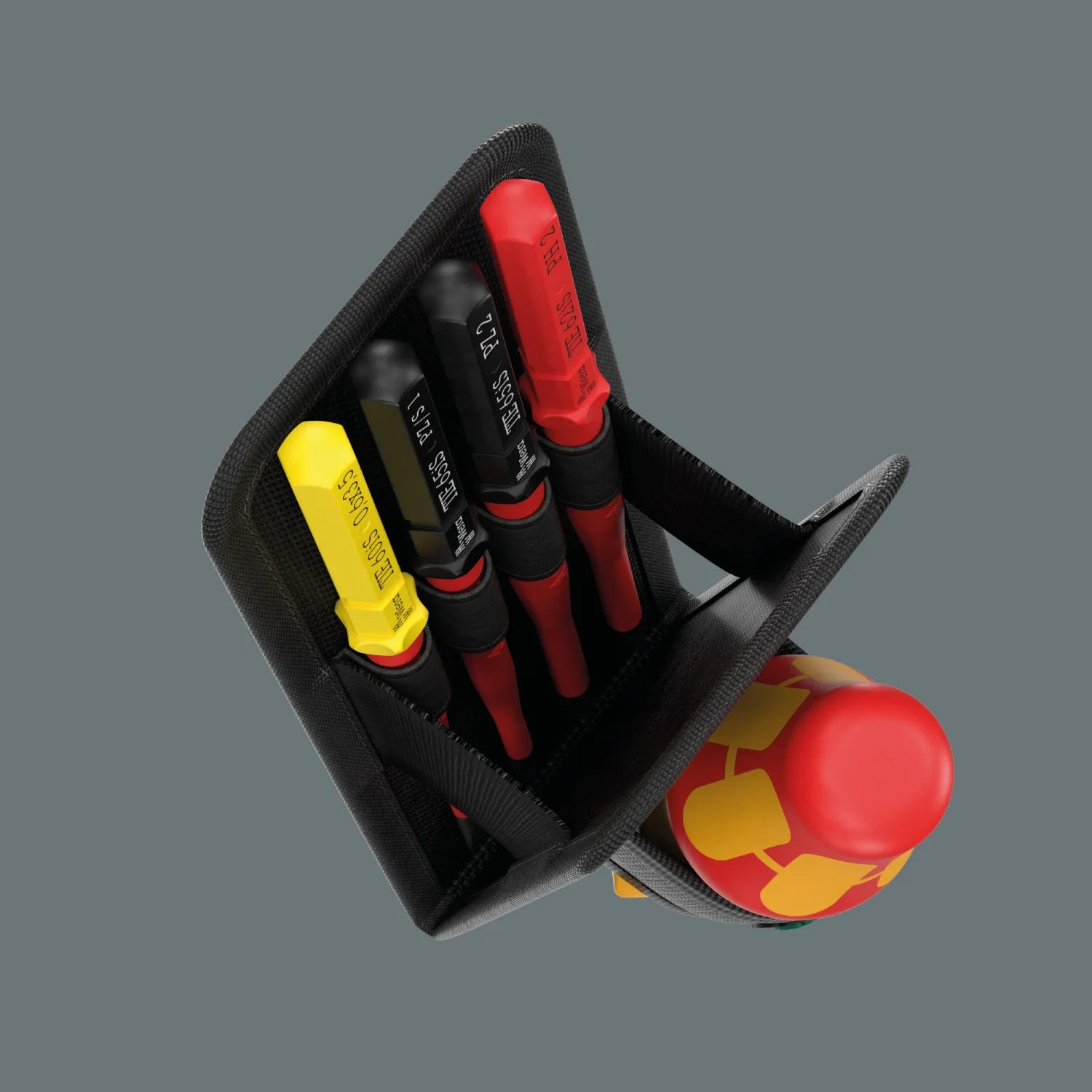 Top-down view of the Wera VDE belt pouch loaded with color-coded Take It Easy insulated screwdriver blades and ratcheting handle.