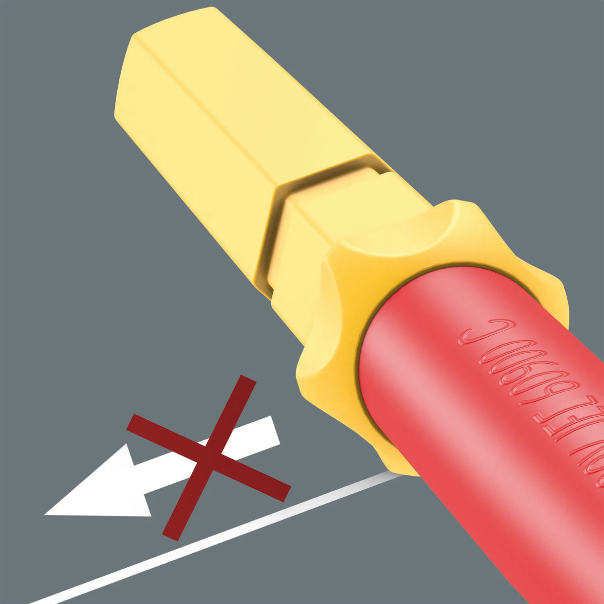 Diagram showing the anti-roll feature on the collar of a Wera VDE interchangeable blade preventing it from rolling off flat surfaces.